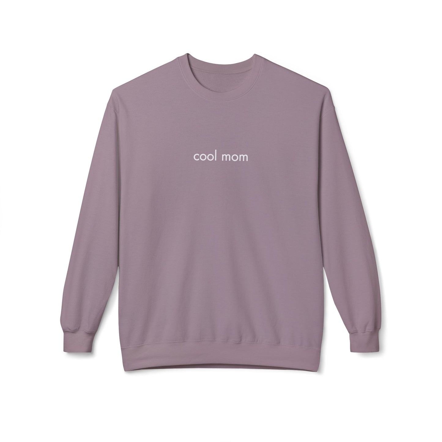 Purple sweatshirt with 'cool mom' text on a white background