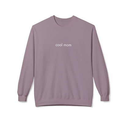 Purple sweatshirt with 'cool mom' text on a white background