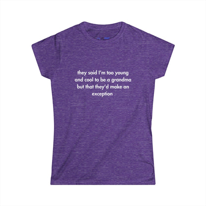 Purple t-shirt with white text on a white background