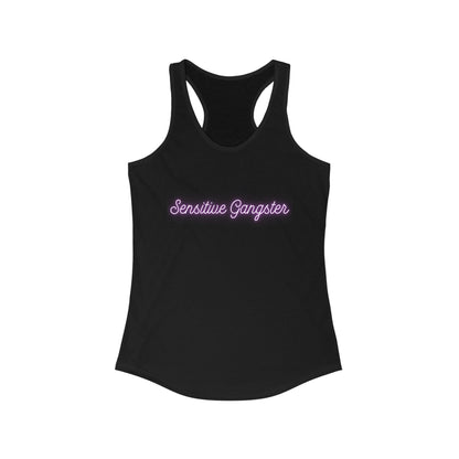 Black tank top with 'Sensitive Gangster' text in pink on a white background