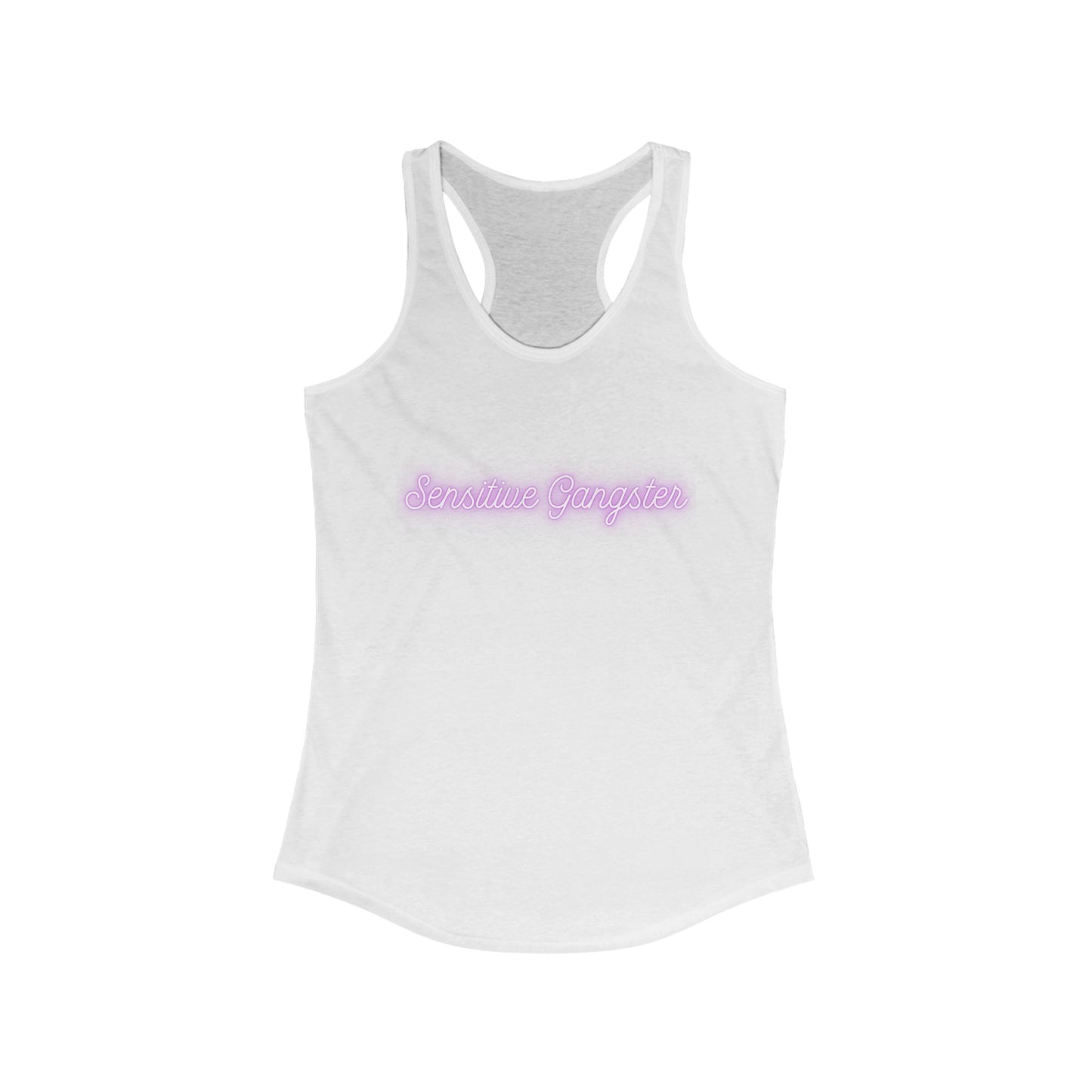 White tank top with pink text on a white background
